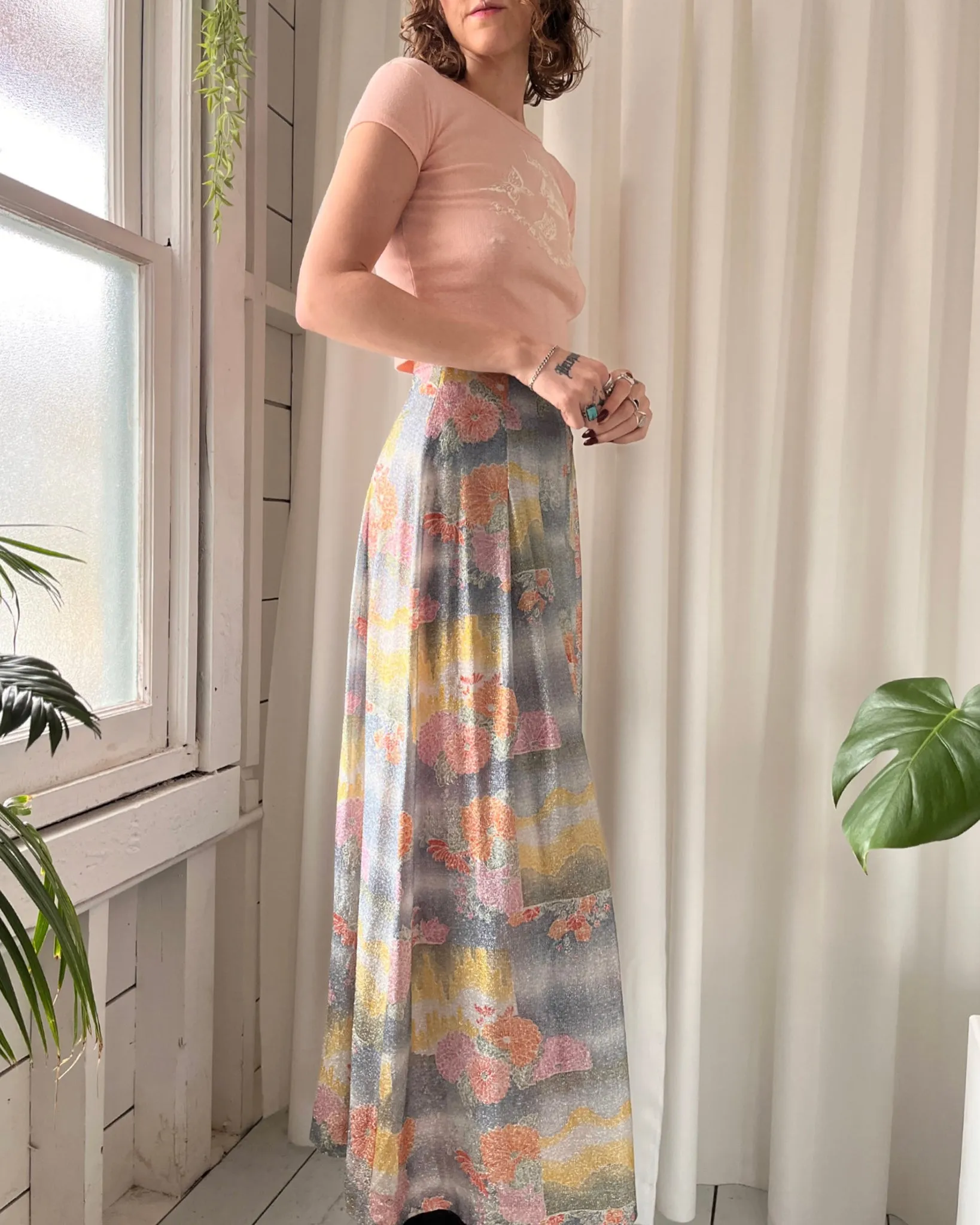 70s Metallic Floral Maxi Skirt | S