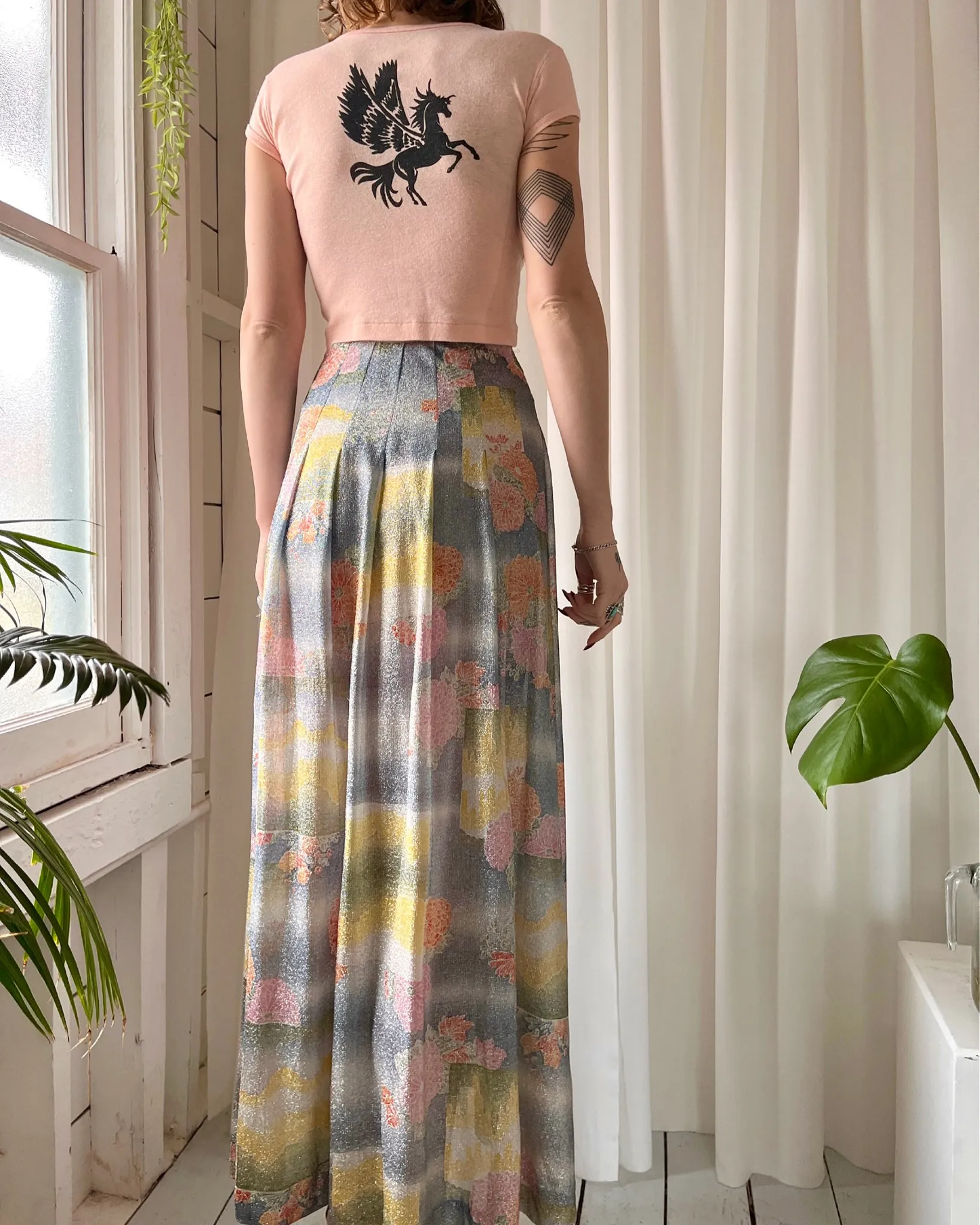 70s Metallic Floral Maxi Skirt | S