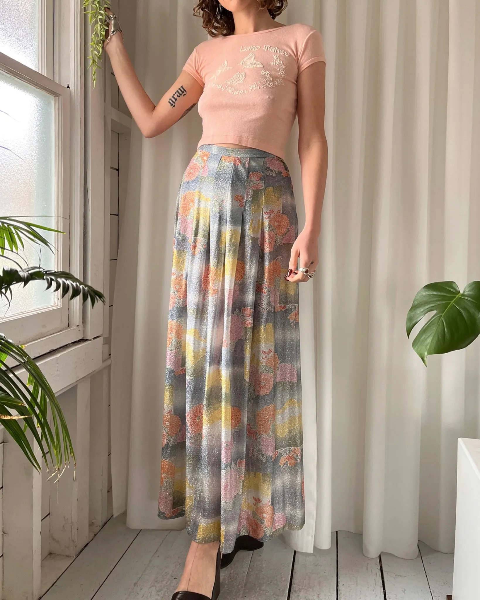 70s Metallic Floral Maxi Skirt | S