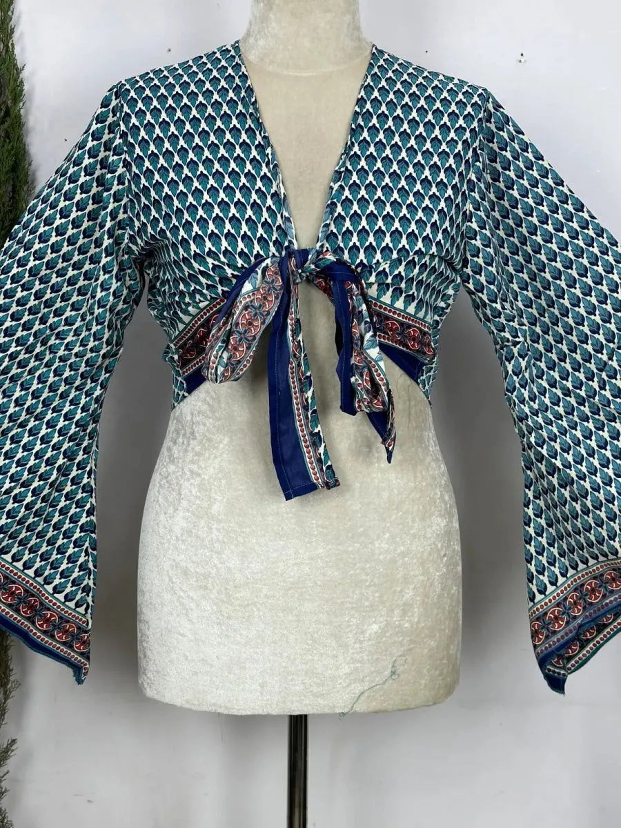 Bohemian Hippie Long Bell Sleeve Wrap Top with Front Tie, Colorful Paisley and Flower Pattern, Festival Boho Fairy Goddess, Summer Going Out | White Blue Motifs