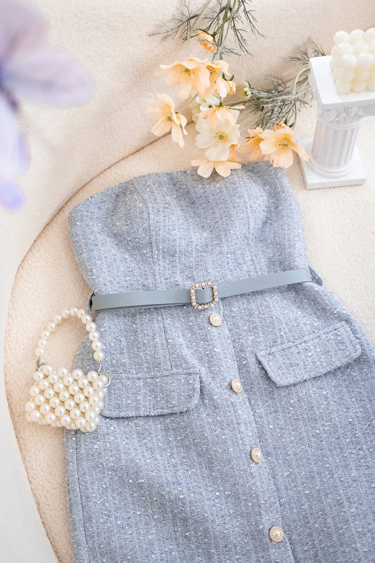 FLORET TWEED BELTED TUBE MIDI IN BLUE