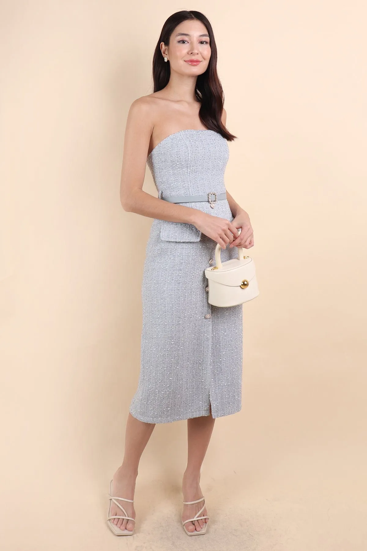 FLORET TWEED BELTED TUBE MIDI IN BLUE
