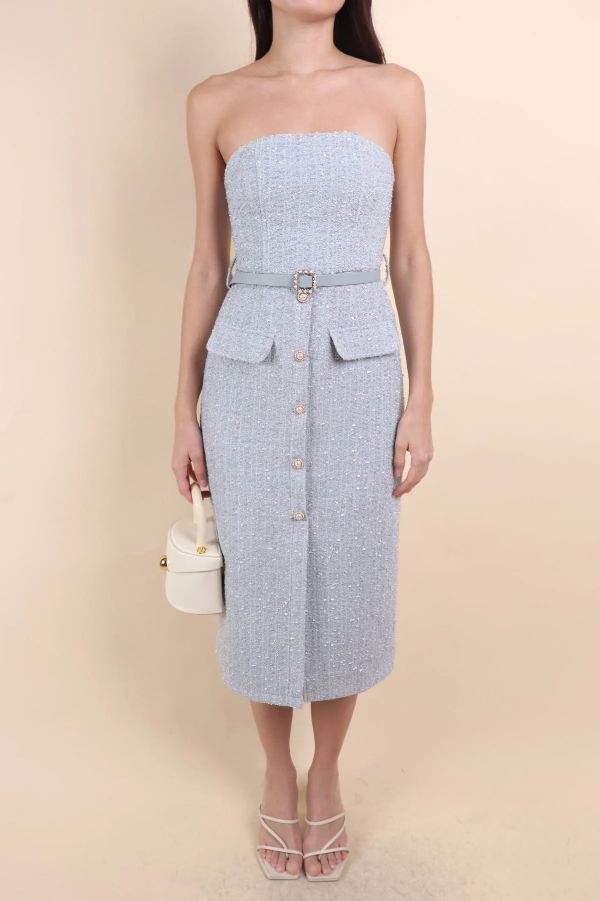 FLORET TWEED BELTED TUBE MIDI IN BLUE