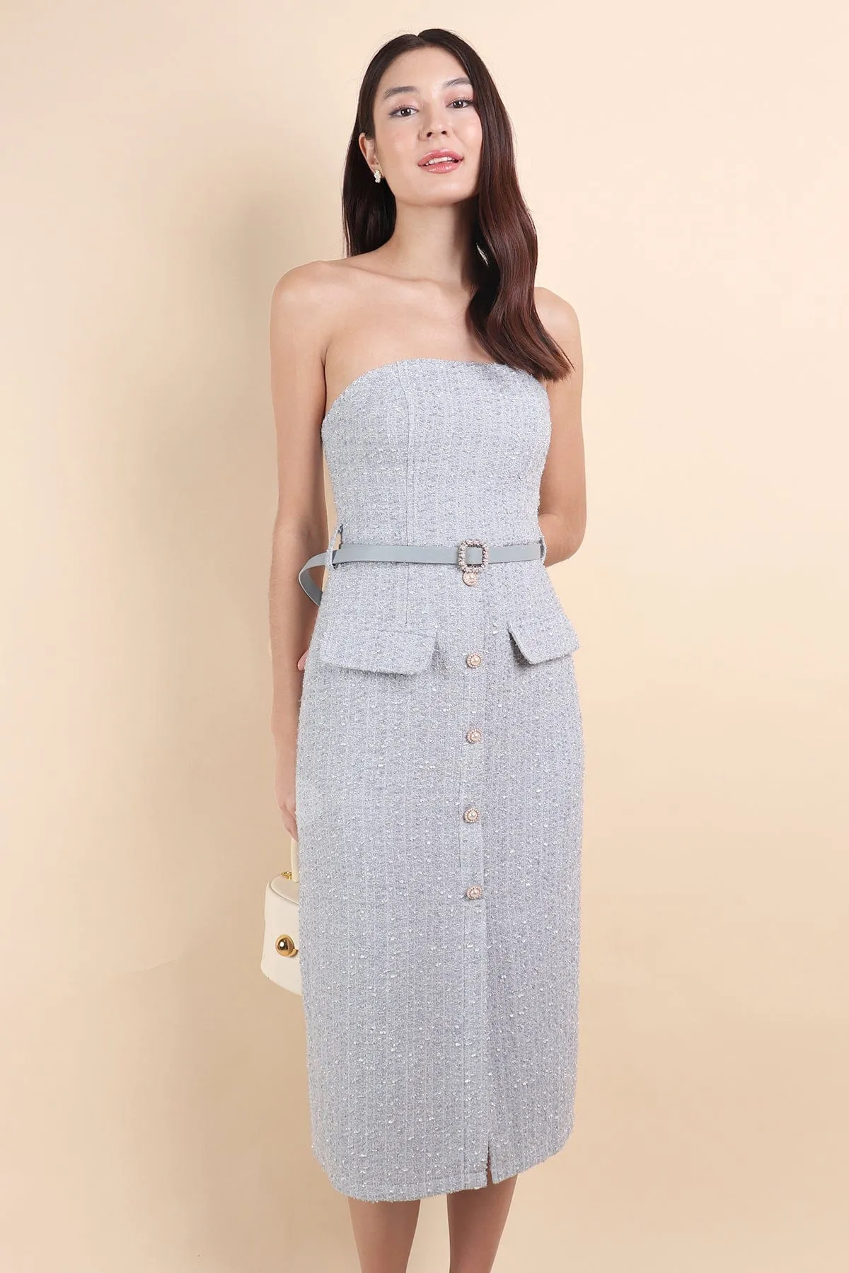 FLORET TWEED BELTED TUBE MIDI IN BLUE