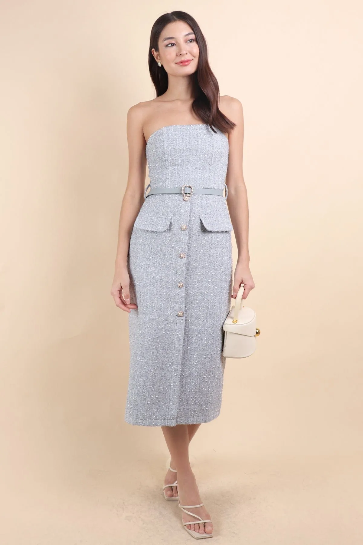 FLORET TWEED BELTED TUBE MIDI IN BLUE