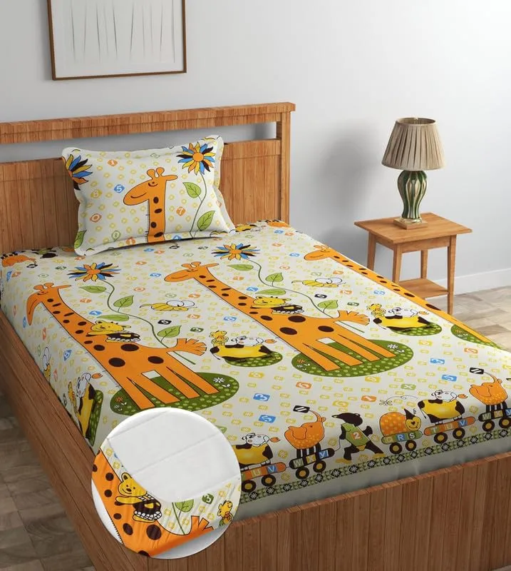 Luxury Trends Pure Cotton Elastic Fitted Bedsheets with 1 King Size Pillow Covers | Single Mattress Bed with All Around Elastic 200 TC Supersoft | Size - 72 x 36  6 inches |Animal Print, Beige & Rust