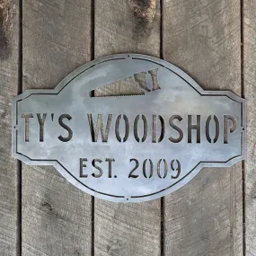 Personalized Woodshop Metal Sign - Vintage Workshop Decor - Man Cave Garage Wall Art