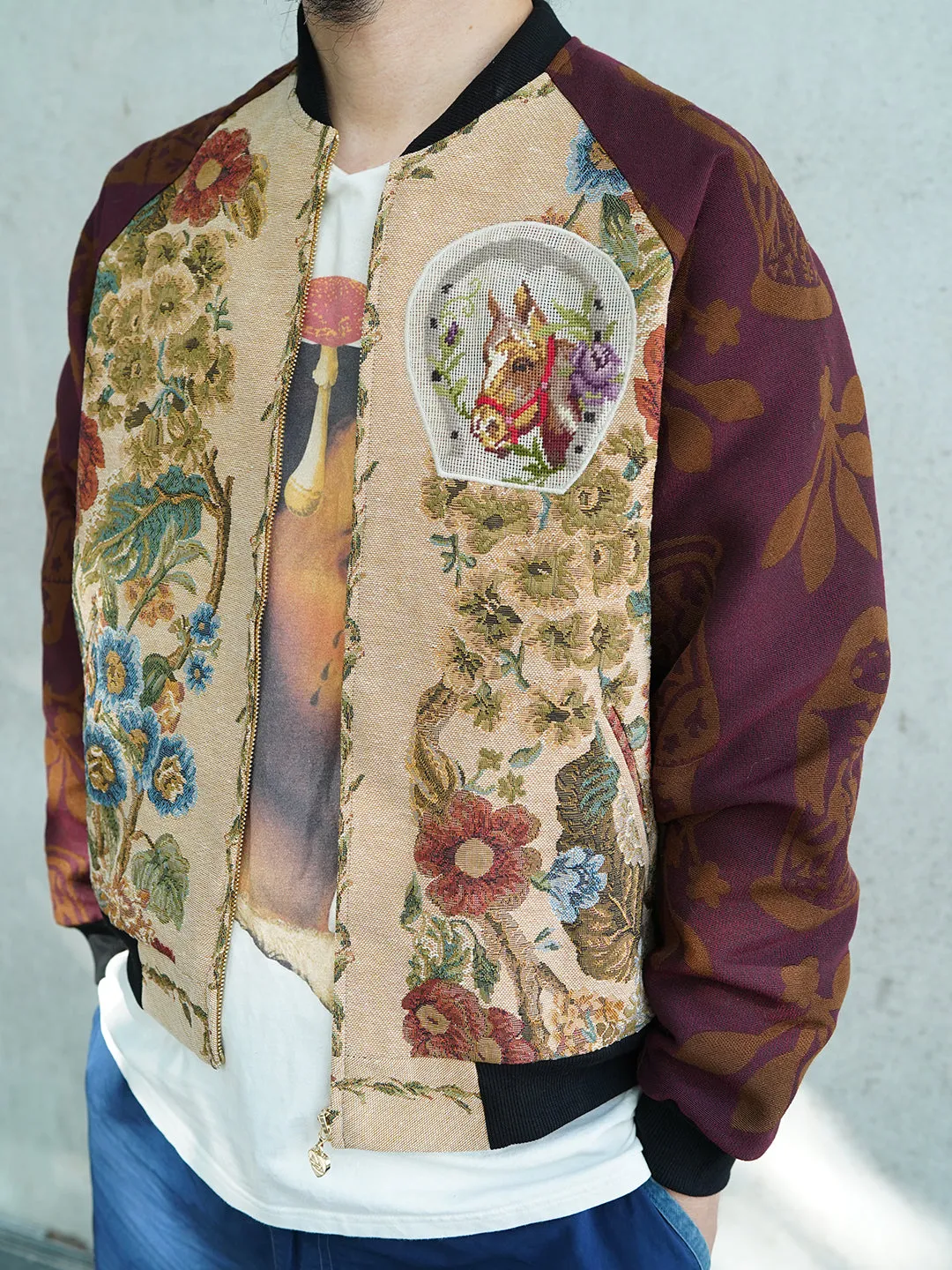 Unlogical Poem Flower Velvet Embroidery Patchwork Red Souvenir Jacket